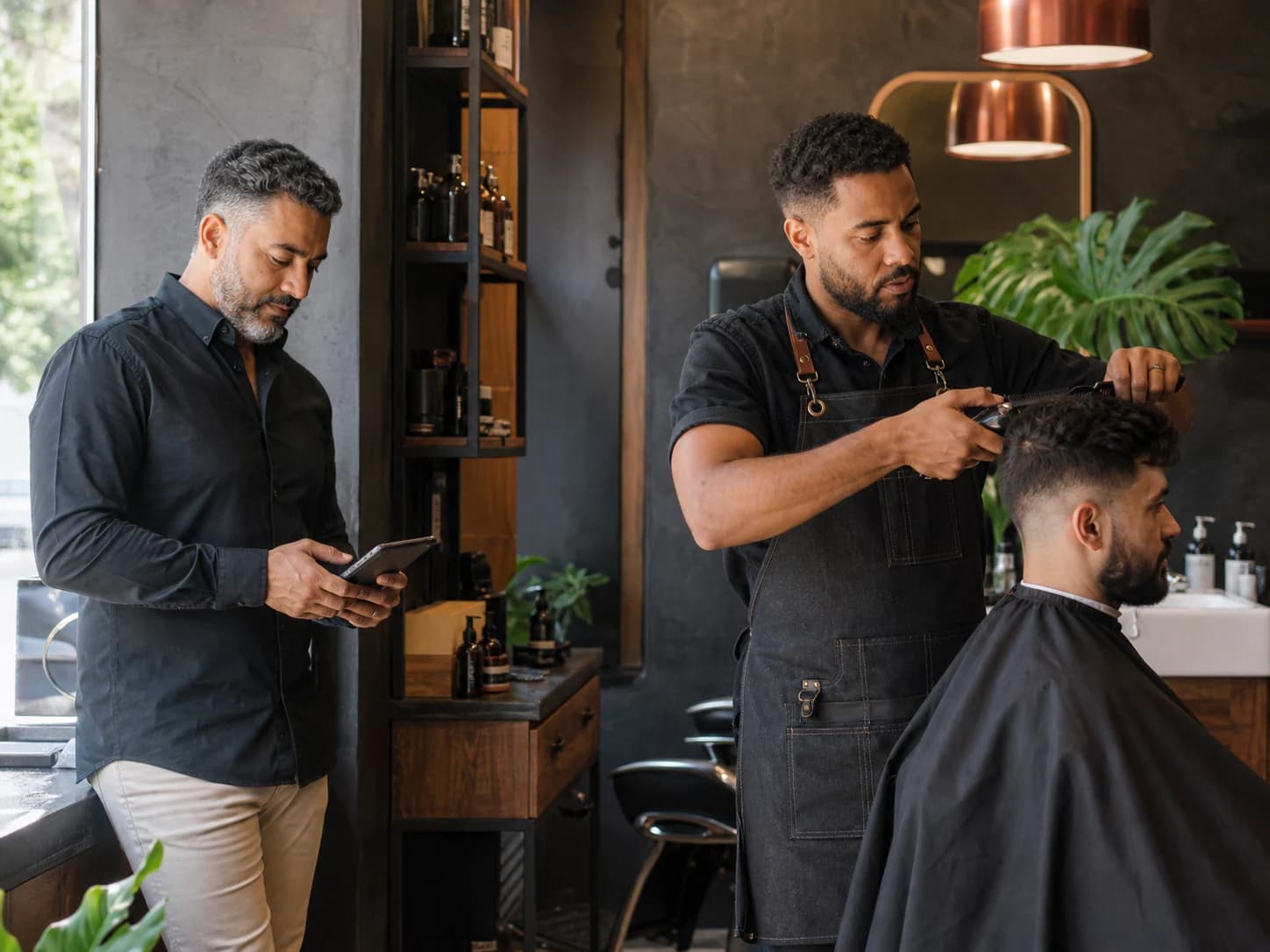Barbeiro atendendo um cliente em uma barbearia contemporânea