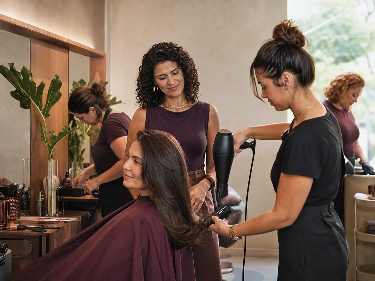 Equipe atendendo em um salão de beleza contemporâneo